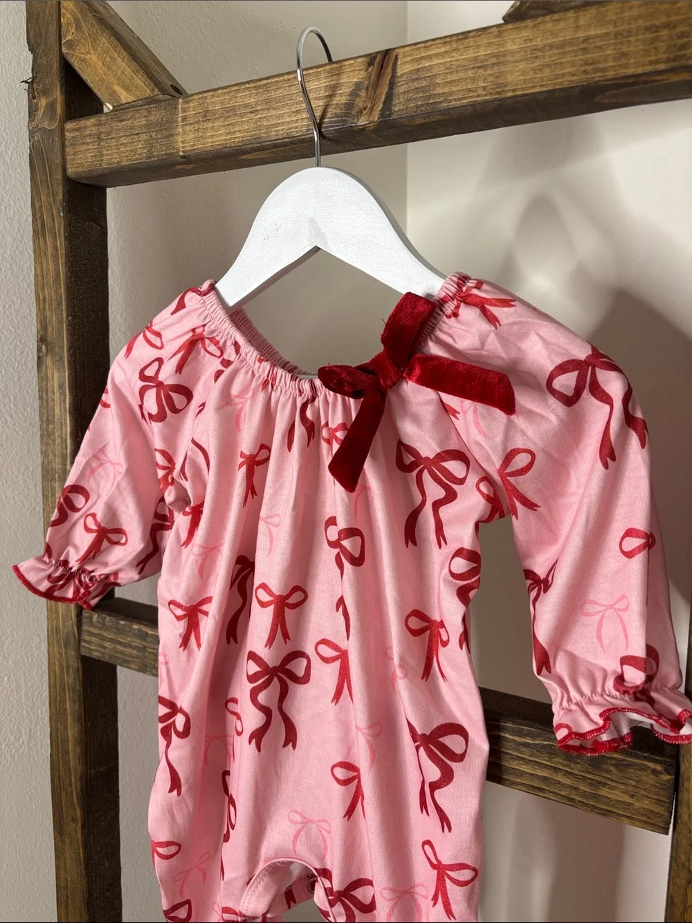 Pink and Red Bow Print Footie One-Piece with Velvet Accent Size 6M